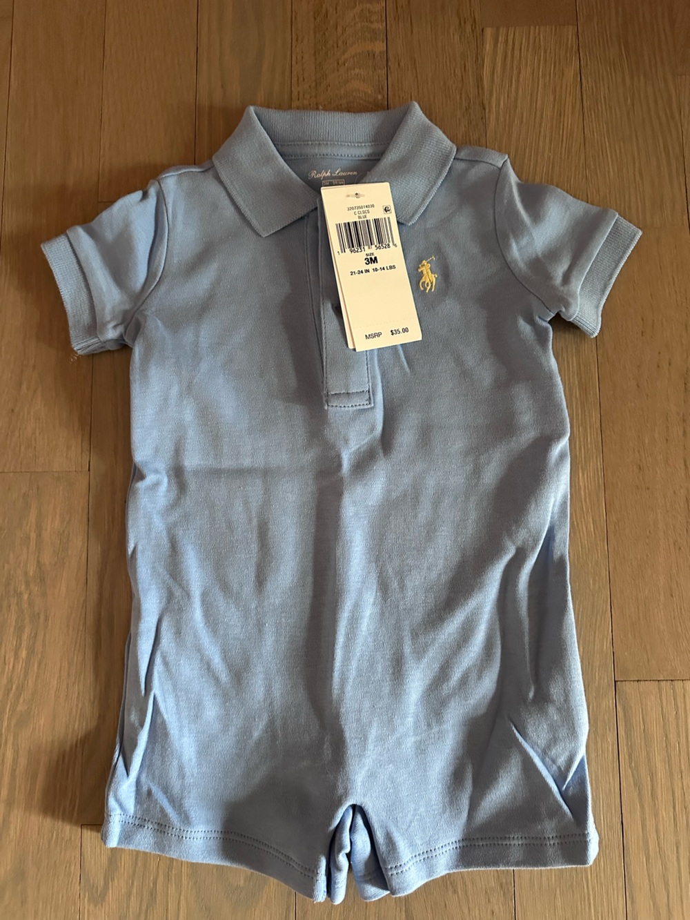 Ralph Lauren Blue Polo Playsuit with Yellow Pony Embroidery